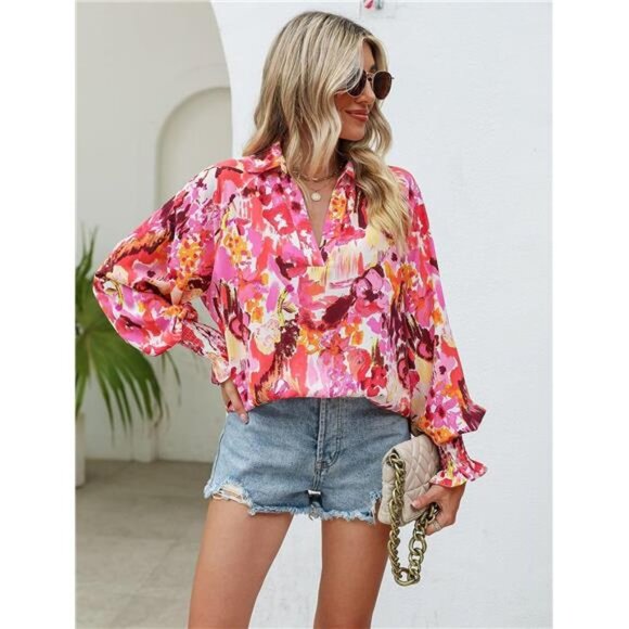 Pink Boho Floral Print V Neck Long Lantern Sleeve Flowy Loose‎ Top Blouse Shirt - Picture 2 of 7